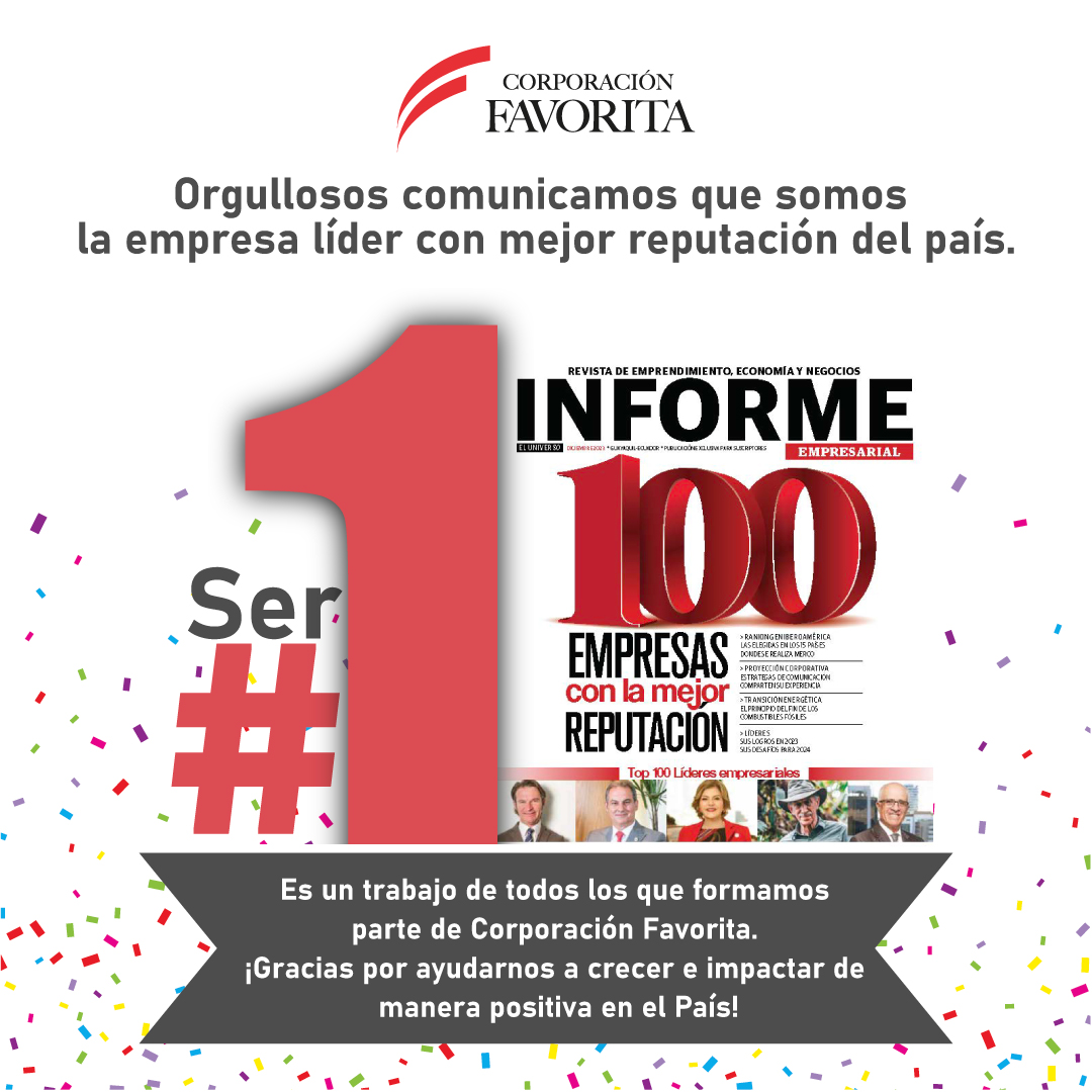 ✨ ¡Emocionados por ser la empresa número 1 en el Ranking Merco Empresas Ecuador 2023! 🏆 Este reconocimiento refleja nuestra destacada reputación y dedicación a la excelencia. Trabajamos incansablemente por un Ecuador mejor.

#CorporaciónFavorita #Líderes #MercoEmpresas #2023
