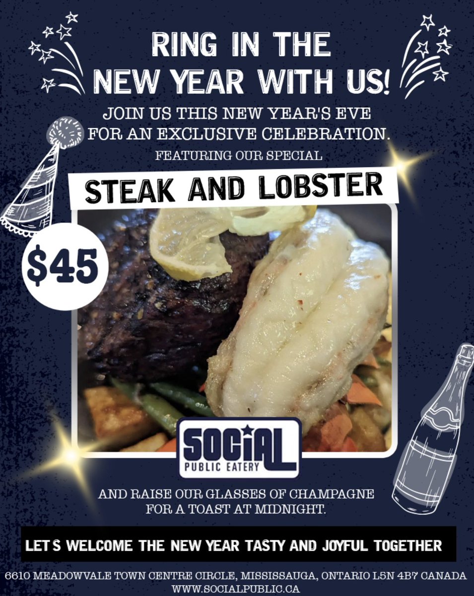 New Year's Eve. 
#mississauga #meadowvale #streetsville #lobster #steak #newyear #party #nye #december #happynewyear #yummy #steakandlobster #new #year #socialeatery #Sunday