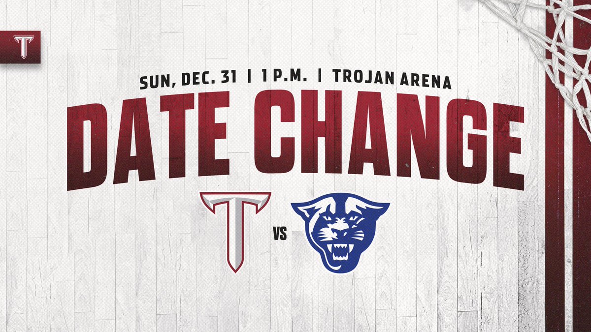 TroyAthletics's tweet photo. A reminder to all fans that tomorrow's game has been moved to Sunday at 1pm and is now FREE ADMISSION. We look forward to seeing you in Trojan Arena!

#OneTROY ⚔️🏀 https://t.co/lmKg3qmal0
