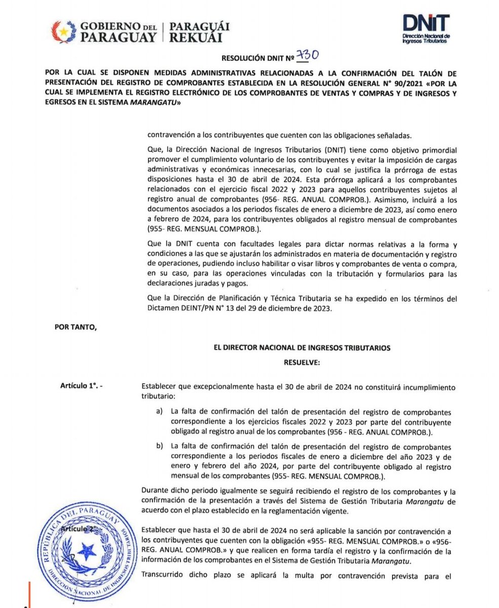 OscarOrue's tweet photo. En base a la solicitud realizada por los diferentes gremios contables y en base a las pruebas realizadas dispuse la prórroga de la excepción respecto a la obligación de la RG 90 hasta abril de 2024. 

#GobiernoDelParaguay https://t.co/zq8BzU8NZd