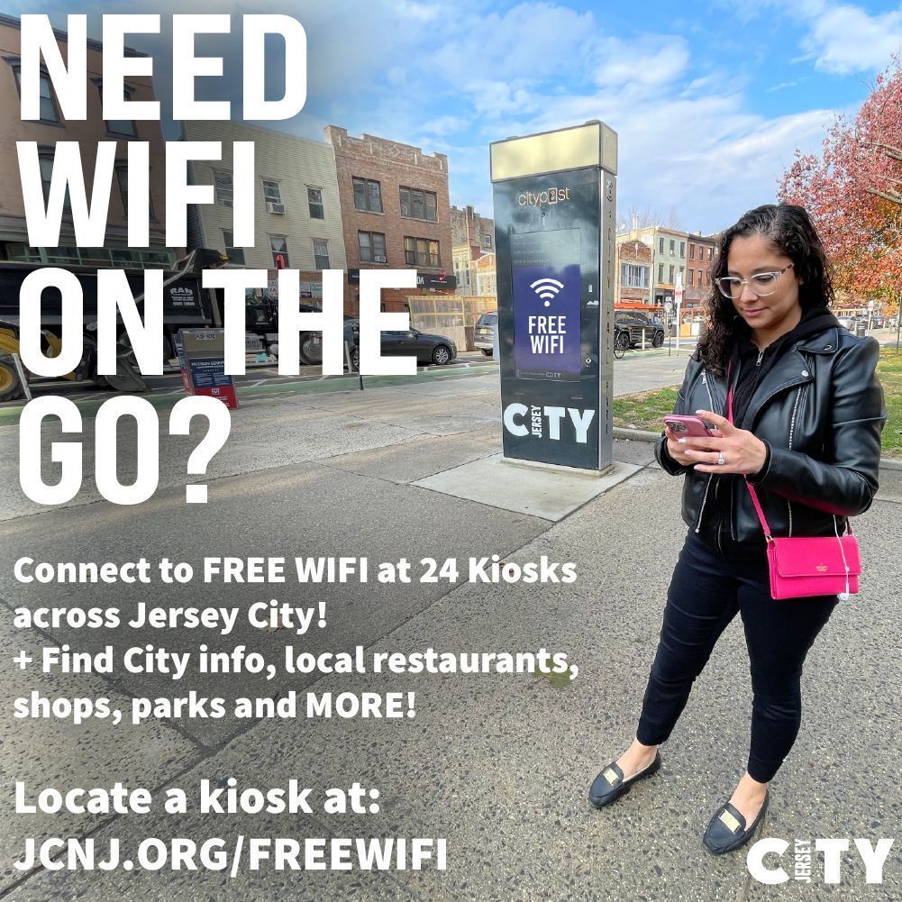 JerseyCity's tweet photo. Did you know that #JerseyCity has 24 wifi hotspots? If you are in need of free wifi or just want to know what's going on around the city, check out our kiosks! 

Work on-the-go. All you need is Wifi and a dream! 😉📶  https://t.co/LkYiLLNFZb

#FreeWifi #WifiAndAdream #CityPost https://t.co/D8sEjAa3KL