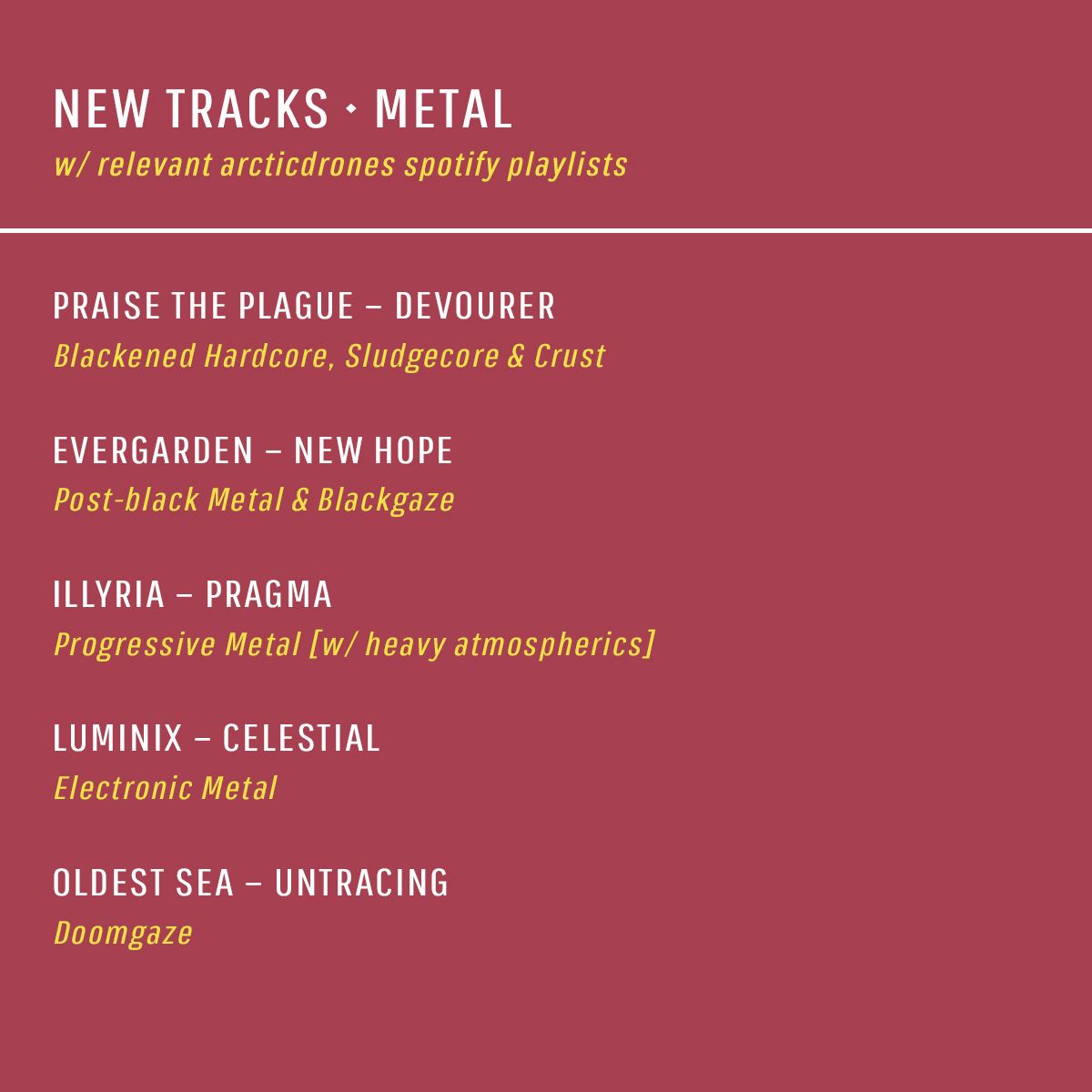 NEW TRACKS [Metal] Recently released tracks across the metal music spectrum + relevant arcticdrones playlists where you can find them. ⬇ open.spotify.com/user/arcticdro… FFO / RIYL: #hardcore #posthardcore #blackmetal #postblackmetal #blackgaze #progressivemetal #doommetal #doomgaze