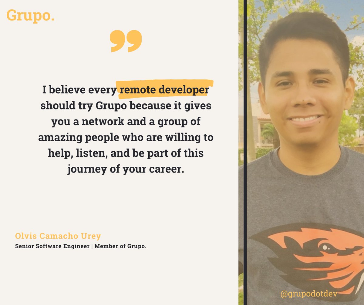 Your remote development career deserves a community that cares! 🌐
Olvis Camacho Urey, Senior Software Engineer, found that community in Grupo.
 Join us and let's elevate our careers together! 
#grupo #grupodotdev #developers #remotedevelopers #remotework #software #engineering