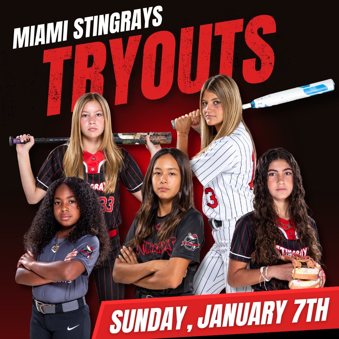 MiamiSoftball's tweet photo. 2024 Tryouts are only 2 weeks away!!! 
Come Join our Stingray Family ❤️🖤
We are looking to have an 8U team, 2  10U teams, 2  12u teams, a 14U team, and a 16U team 
Register Now - https://t.co/0lV75xG1Tx

8U, 10U, &amp; 12U January 7th at 9am
14U &amp; 16U January 7th at 11am https://t.co/dRjmJRoCuh