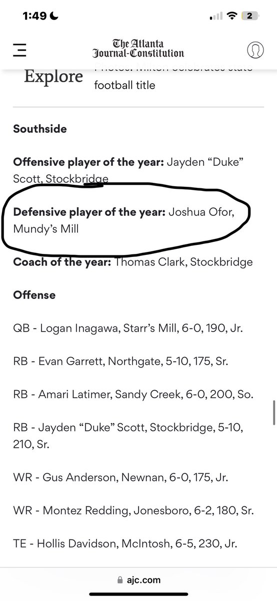 Joshua “O4” Ofor (@showtimeofor) on Twitter photo AJC all-state team and AJC all-metro team Defensive player of the year <a href="/MundysMillFB/">Mundys Mill Football</a> <a href="/CoachWill229/">CoachWilliams 🏈</a> <a href="/EarthwindM/">Earthwind Moreland</a> <a href="/TankHighDemand/">CoachTankHighDemand</a> <a href="/Coach_dsmith/">Derrick Smith</a> <a href="/CoachMitchell70/">Darius J. Mitchell</a> AJC all-state team and AJC all-metro team Defensive player of the year <a href="/MundysMillFB/">Mundys Mill Football</a> <a href="/CoachWill229/">CoachWilliams 🏈</a> <a href="/EarthwindM/">Earthwind Moreland</a> <a href="/TankHighDemand/">CoachTankHighDemand</a> <a href="/Coach_dsmith/">Derrick Smith</a> <a href="/CoachMitchell70/">Darius J. Mitchell</a>