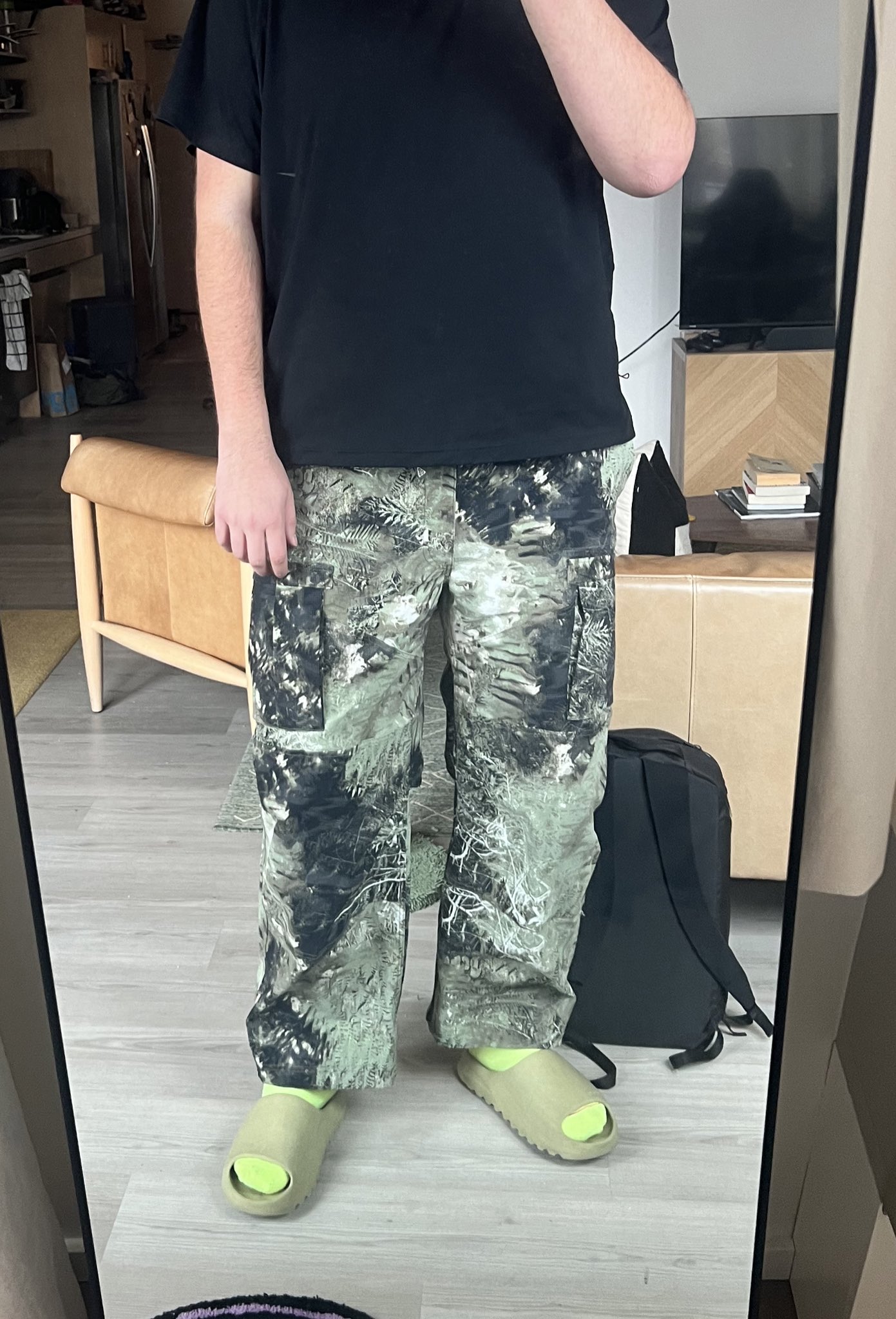 will on X nike acg smith summit pants featuring a leaf camo made from pictures of Forest Park in portland. the second pic is with flash on and shows the 3M patterning