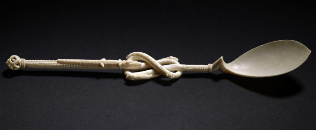 Ivory carved spoon of entangled crocodile and serpent, Sapi peoples, Sierra Leone 1490-1530