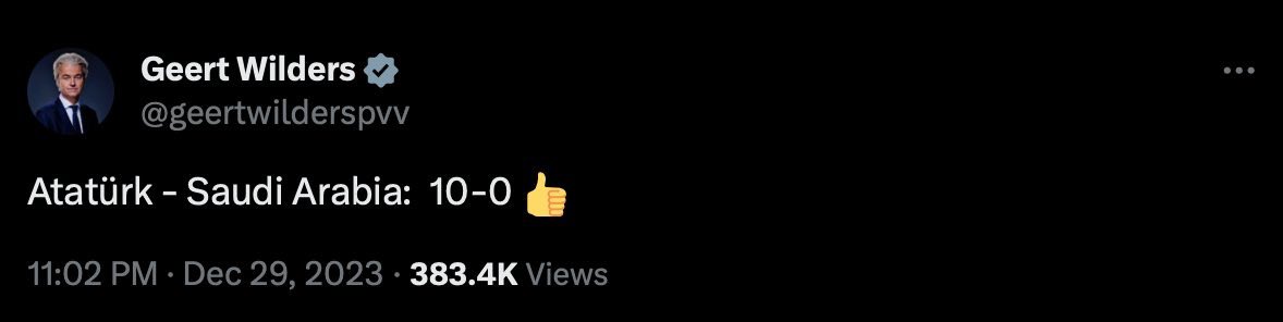 Havacılık Dışı

Hollanda'da seçimleri kazanan Geert Wilders’in X üzerinde son paylaşımı. 

“Atatürk 10-0 Suudi Arabistan”