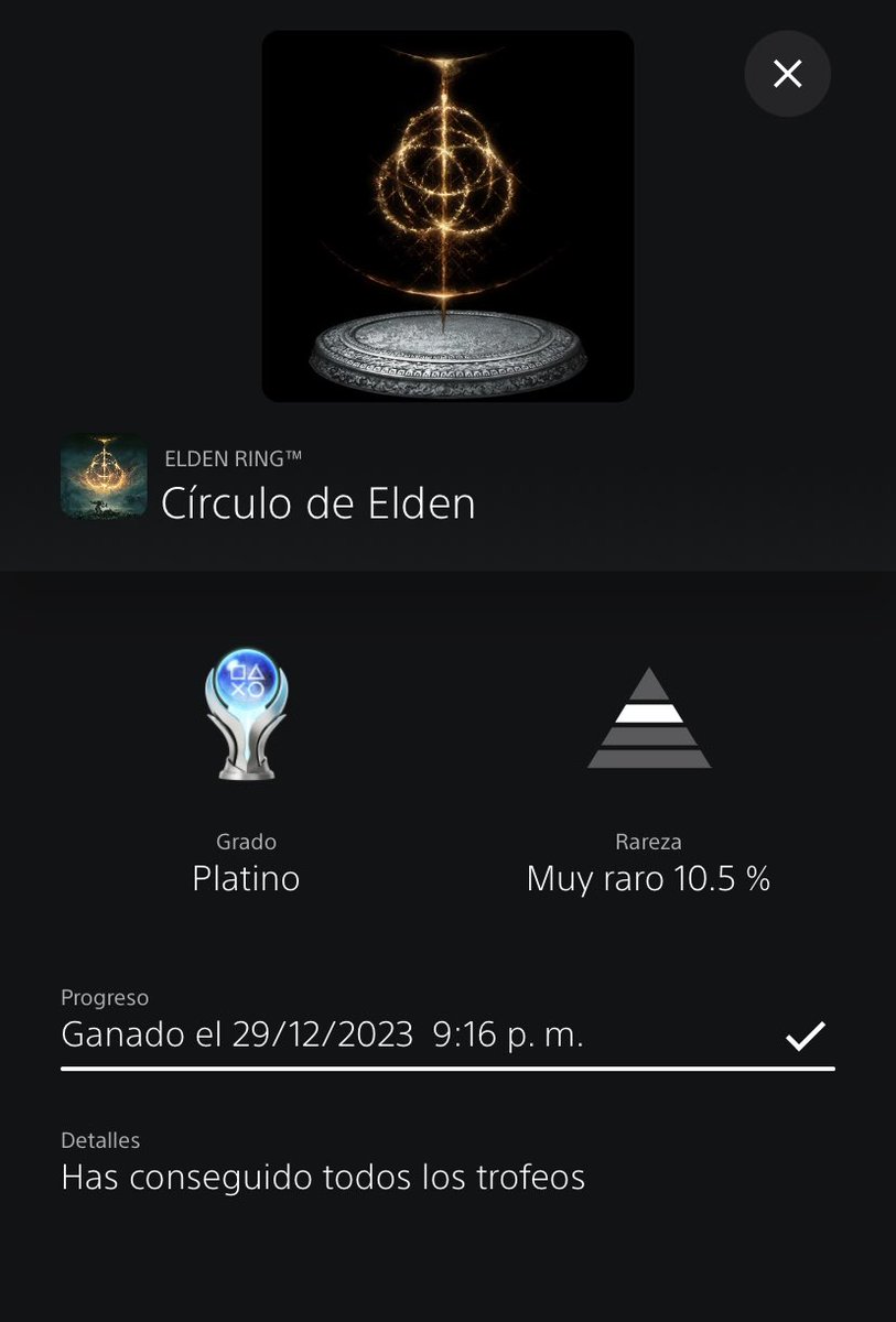 Conseguido Platino de Elden Ring, después de pasarme toda la saga Souls, junto a Bloodborne y Sekiro, era la guinda del pastel. Todo ello motivado por <a href="/Powerbazinga/">Powerbazinga</a> y <a href="/AcreVersion/">Acre</a> y su trabajo y cariño por una saga que me ha cautivado y apasionado