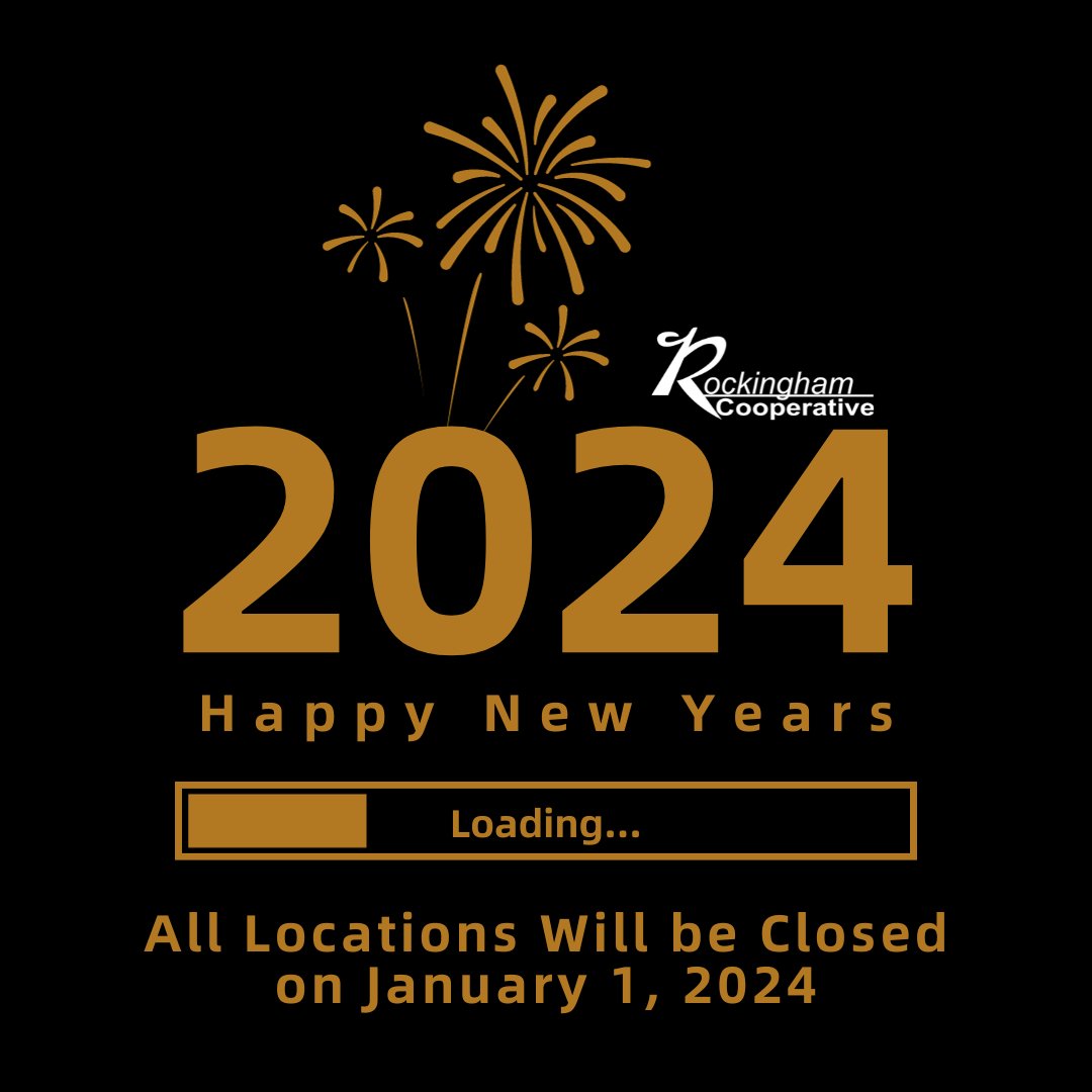 RockinghamCoop's tweet image. Happy New Year from Rockingham Cooperative!

Reminder that ALL Rockingham Cooperative locations will be CLOSED on Monday, January 1, 2024 in recognition of New Years Day. 

We look forward to serving you in the new year, when our locations all re-open under our normal hours.