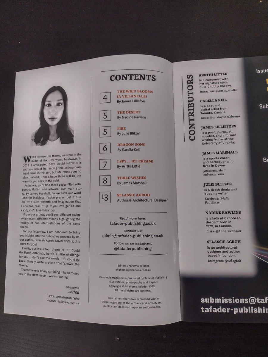 CandleLit Magazine Issue 3: Scorching 
Tafader Publishing 
Editor &amp; Cover Art by Shahema Tafader 
<a href="/ShahemaTafader/">Shahema Tafader</a>
tafader-publishing.co.uk/print-magazine
#artmagazine #litmag