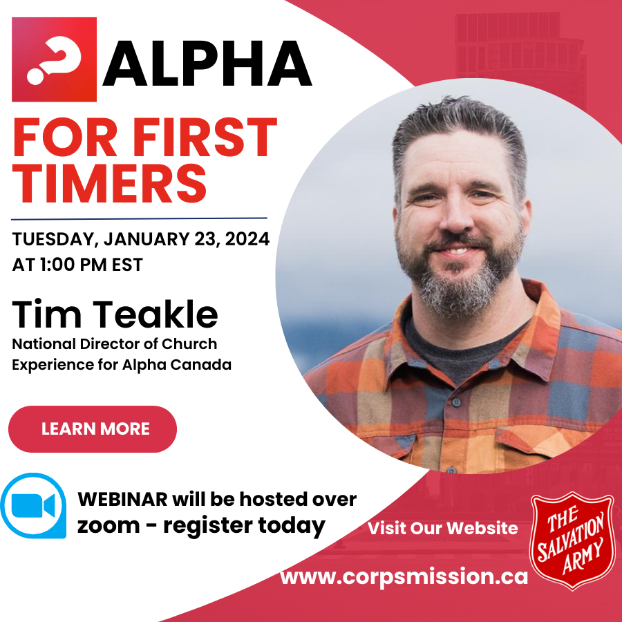 cansaMR's tweet photo. Register today and join us online for a special live webinar with Tim Teakle, National Director of Church Experience at Alpha Canada on January 23 at 1PM EST. Learn the basics of Alpha and how it can work in your setting, however big or small your corps may be! https://t.co/NyDXPaZsdT