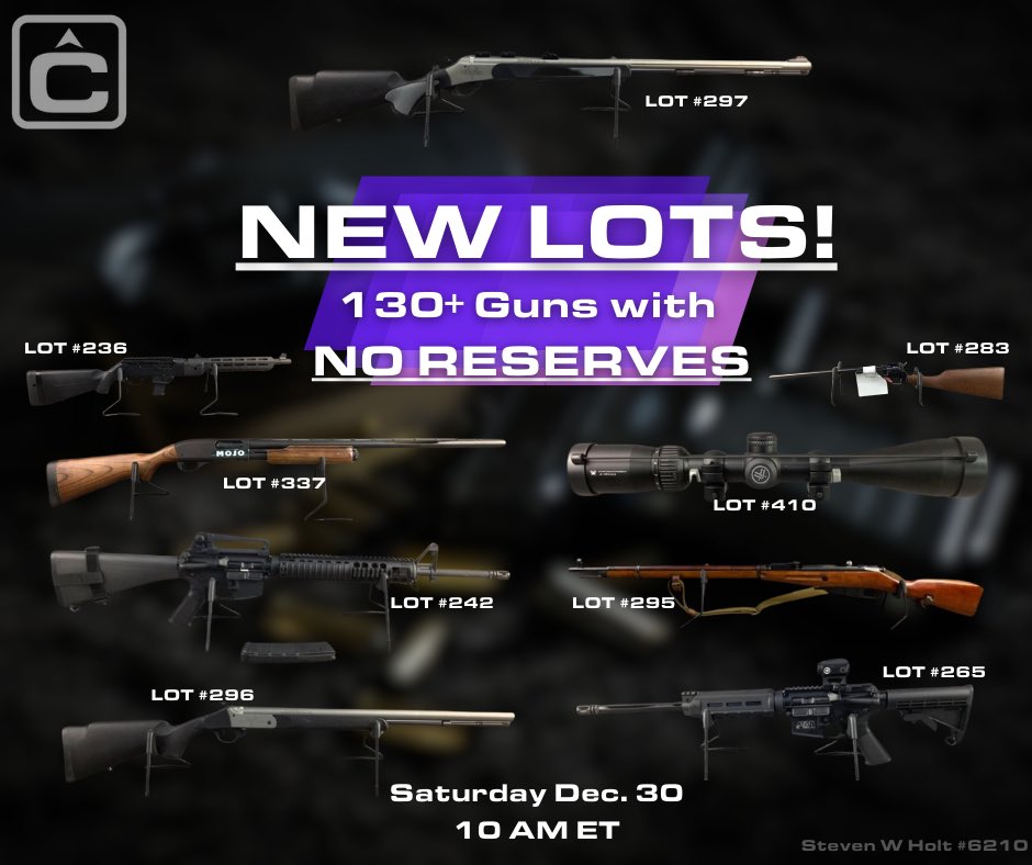 SoldOnCompass's tweet photo. We've got MORE stuff! Over 130 new lots with NO reserves have been added to our Firearms, Ammo, and Accessories Auction that is happening tomorrow, December 30th at 10 AM ET. Don't miss out on our new selection of guns for your collection! LIVE Onsite + Online https://t.co/fRgMmv5vEC