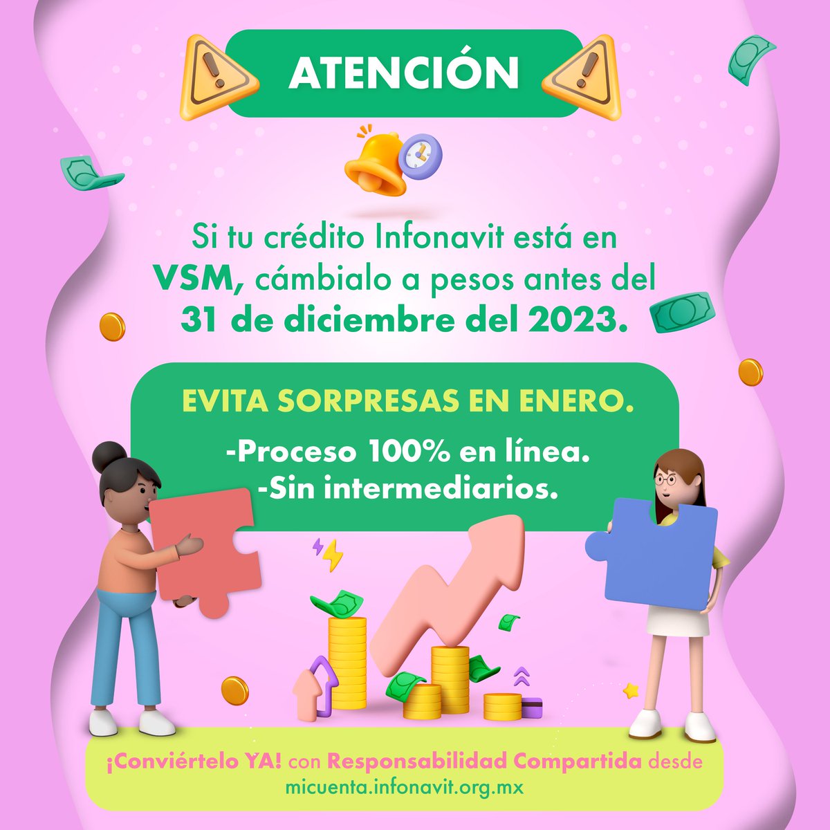 Infonavit's tweet photo. ⏰🏠 ¡El tiempo se acaba para convertir tu Crédito Infonavit con Responsabilidad  Compartida de VSM a pesos! 🚨Hazlo ahora a través de Mi Cuenta Infonavit: https://t.co/xHgSny4piO https://t.co/zdJ2rdBe5U