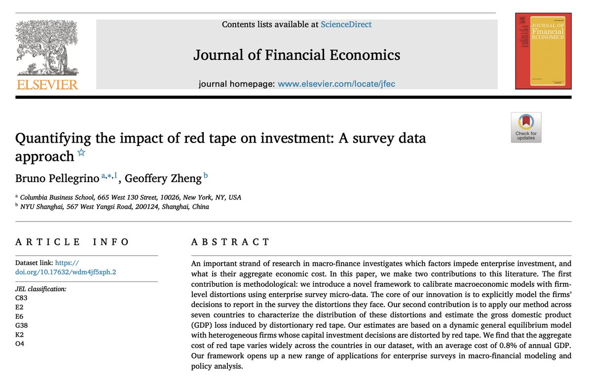Bruno Pellegrino (@bpellegrino_cbs) on Twitter photo š§µ(1/11) Finally coming out in <a href="/J_Fin_Economics/">Journal of Financial Economics</a>š„
Quantifying the impact of red tape on investment: A survey data approach
(joint w/G.Zheng)
download for free from my website (link in bio)
This thread provides a quick summary
First, motivation...
#EconTwitter #research š„š š§µ(1/11) Finally coming out in <a href="/J_Fin_Economics/">Journal of Financial Economics</a>š„
Quantifying the impact of red tape on investment: A survey data approach
(joint w/G.Zheng)
download for free from my website (link in bio)
This thread provides a quick summary
First, motivation...
#EconTwitter #research š„š