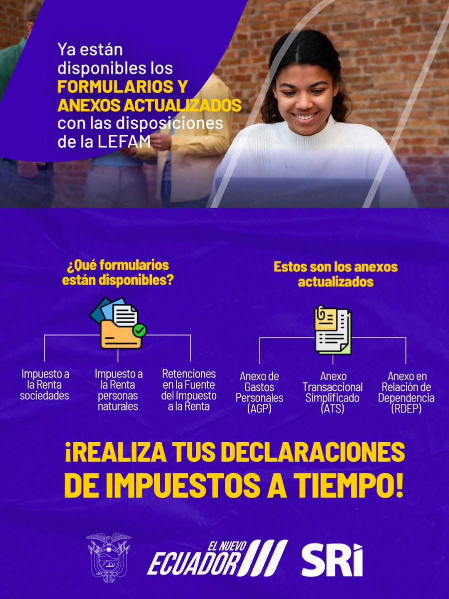 ¡DISPONIBLES!

Ya puedes acceder a los nuevos formularios y anexos actualizados con las disposiciones de la Ley de Fortalecimiento de la Economía Popular (LEFAM)📄

Utilízalos desde #SRIenLínea 

Conoce más aquí ⬇️