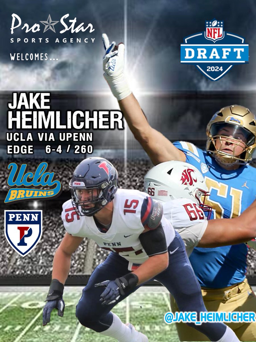 A big welcome to former FCS All-American at @PennFB and 2023 @UCLAFootball Edge player, @jake_heimlicher! #ProStarFamily #NFLDraft2024