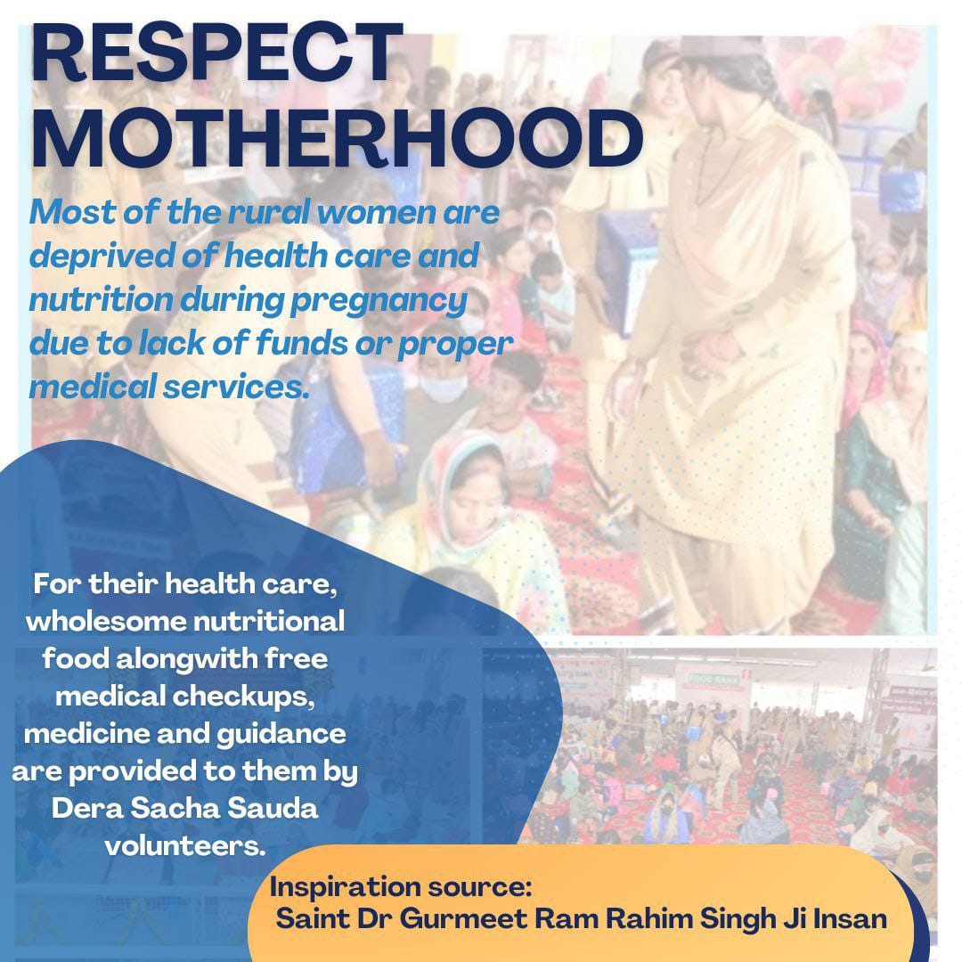 For post delivery care of the pregnant destitute women & nurturing of newborn infant.

Required food & nutrition packet & medical care facility are provided free of cost.

Under the '#SAFEMOTHERHOOD' initiative by Dera Sacha Sauda, volunteers with pious guidance of राम रहीम Ji.