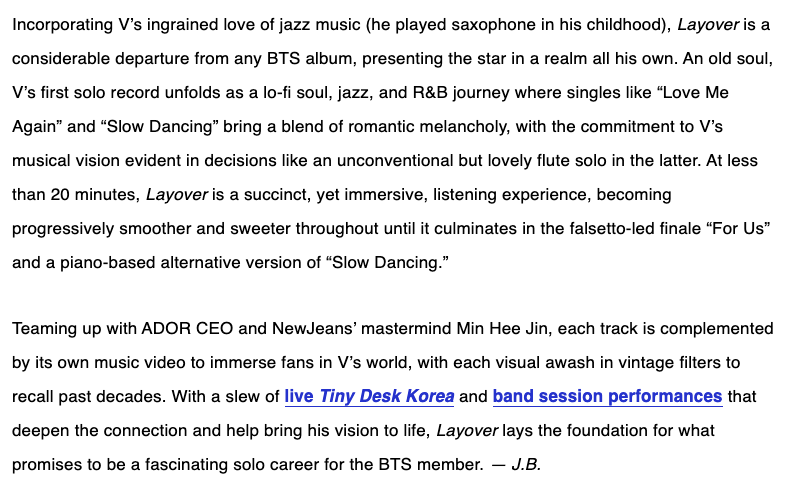 'Layover' by V ranks #2 in Billboard's 25 Best K-Pop Albums of 2023 : 😭❤ 🗣: 'Incorporating V's ingrained love of jazz music (he played saxophone in his childhood) Layover is a considerable departure from any BTS album presenting the star in a realm all his own +