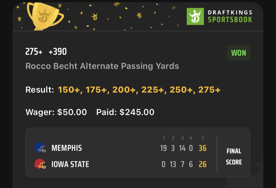 1Propgod's tweet photo. CFB 💎
Max cash Rocco Becht 🔥

For those of you who get college player props!

Cashed at HT over 400 yards 👀
LETS GOOOO

-114✅💰
+195✅💰💰
+390✅💰���💰 https://t.co/dobyxajuSI