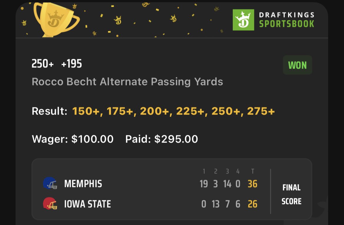 1Propgod's tweet photo. CFB 💎
Max cash Rocco Becht 🔥

For those of you who get college player props!

Cashed at HT over 400 yards 👀
LETS GOOOO

-114✅💰
+195✅💰💰
+390✅💰���💰 https://t.co/dobyxajuSI