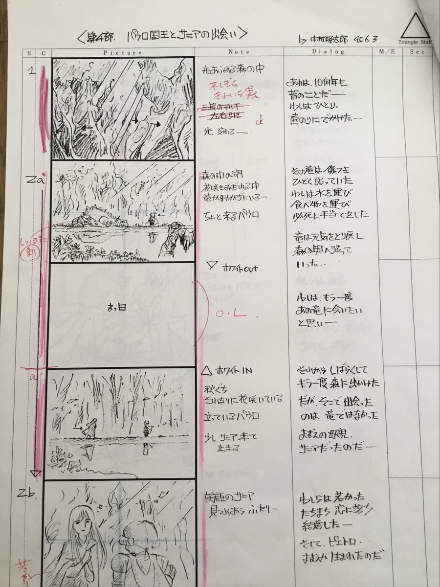 ポポロクロイス物語 イベントメッセージ プロローグ〜第4部 パウロ王国とサニアの出会い〜ゴリオニア誕生編、の絵コンテ。第4部右上にはby中村隆太郎とサインあり。赤く線が引いてあるのでこのコンテは大橋学用となります。