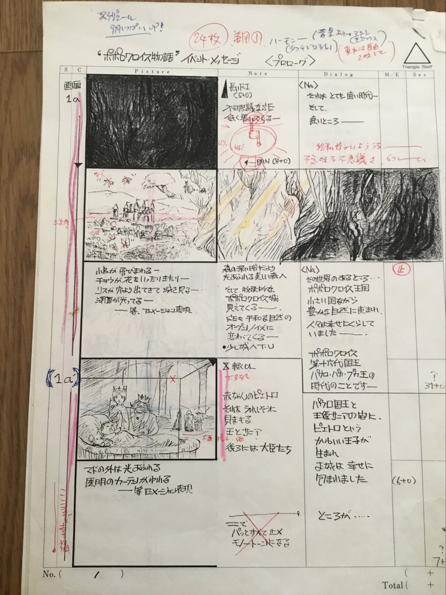 ポポロクロイス物語 イベントメッセージ プロローグ〜第4部 パウロ王国とサニアの出会い〜ゴリオニア誕生編、の絵コンテ。第4部右上にはby中村隆太郎とサインあり。赤く線が引いてあるのでこのコンテは大橋学用となります。
