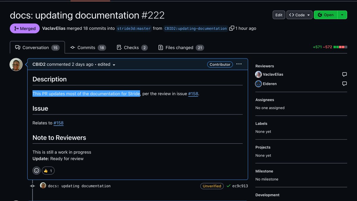 My first pull request for <a href="/stridedotnet/">Stride</a>’s documentation has been merged! 🎉  Thank you <a href="/VasoElias/">Vaclav Elias</a> and other maintainers for your support and patience! :) Want to learn more about my experience? Check out my highlight on <a href="/saucedopen/">OpenSauced</a>: app.opensauced.pizza/feed/880