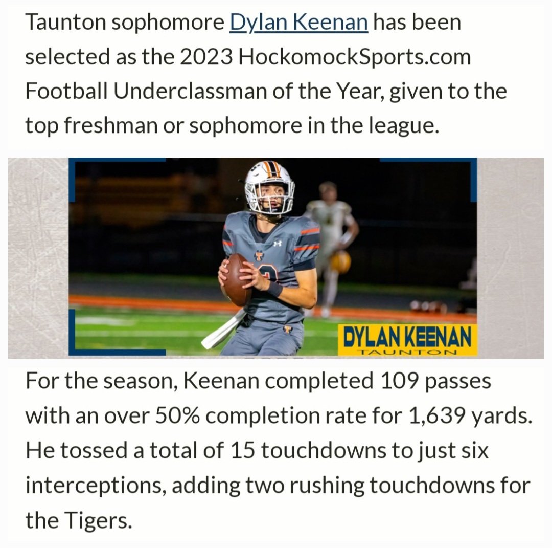 Thank you to @HockomockSports for recognizing & awarding @TauntonFootball sophomore QB, Dylan Keenan!! 🐯🏈🌟 @thstvstudio @tauntonhstigers @ThsWebmaster @dylankeenan_