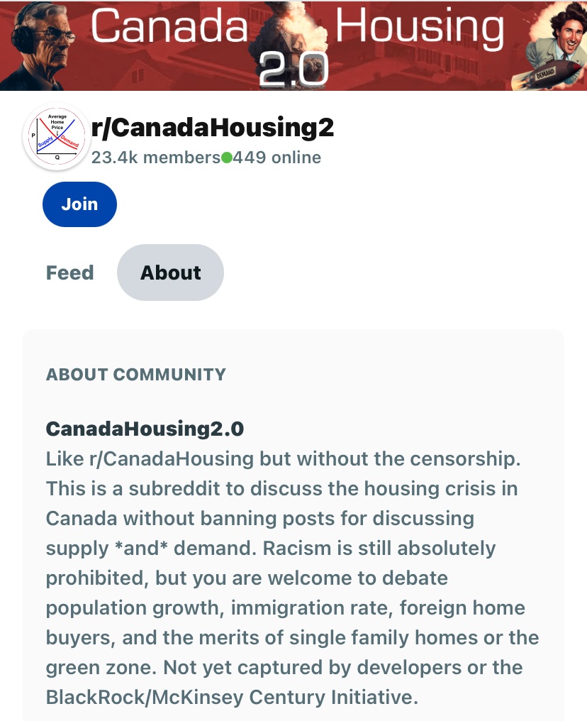 The /r/CanadaHousing subreddit censors people for posting about mass immigration - the cause of the housing crisis! 

So, some freethinkers made /r/CanadaHousing2 - where both supply *and* demand are discussed. They have 23,000 members. 

Immigration restriction is rising! 🇨🇦