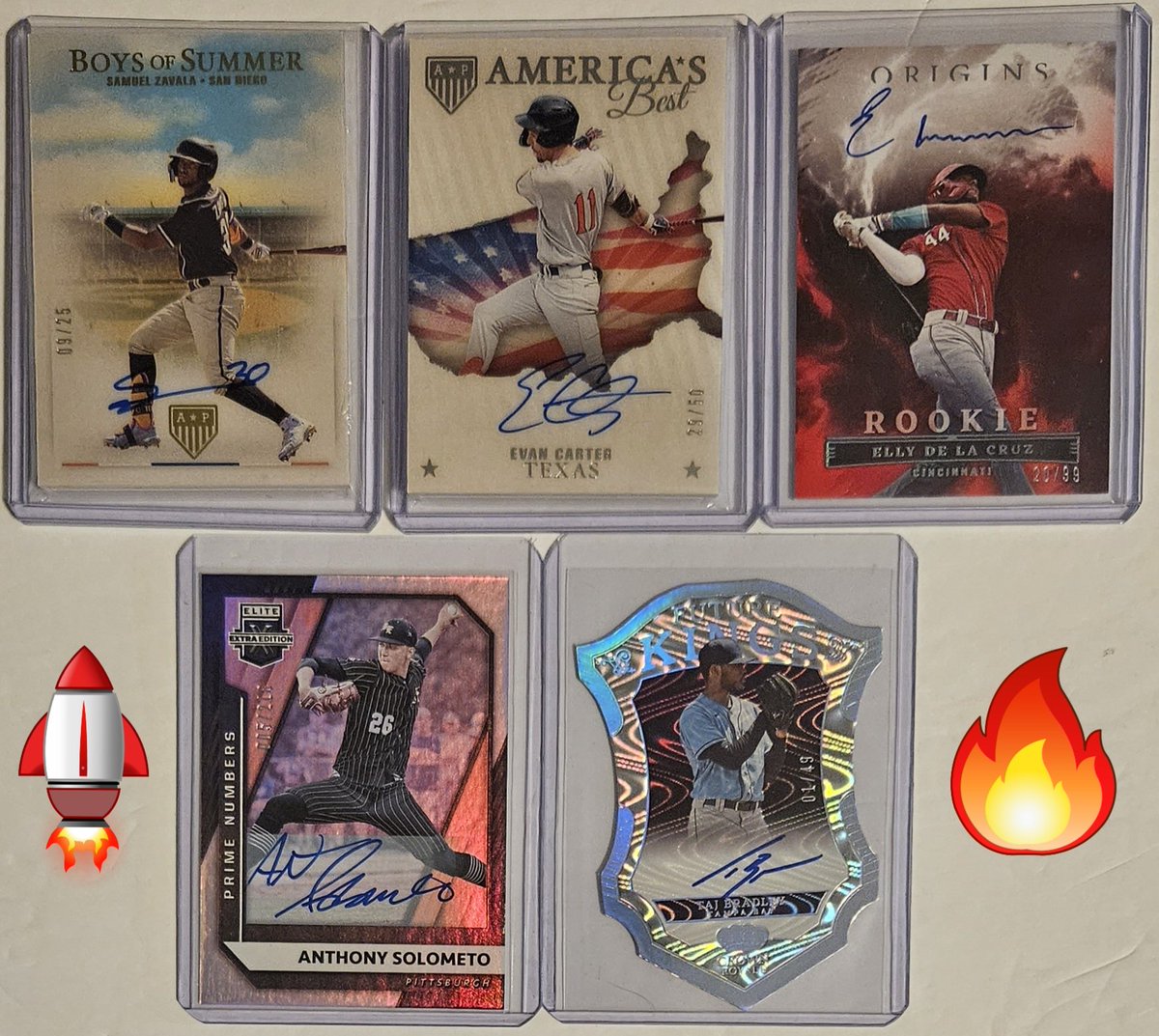 3bangerbreaks's tweet photo. Some of the hits from 2023 #Panini #Chronicles #Baseball #Hobby #Box #Break #3

#TBBCrew #TBBDraft #MLB #BreakCredit #EllyDeLaCruz #Origins #Autograph #EvanCarter #AmericasBest #Auto #SamuelZavala #BoysofSummer #TajBradley #Future #Kings #DieCut #AnthonySolometo #Prime #Numbers https://t.co/YgFBz0c5VZ