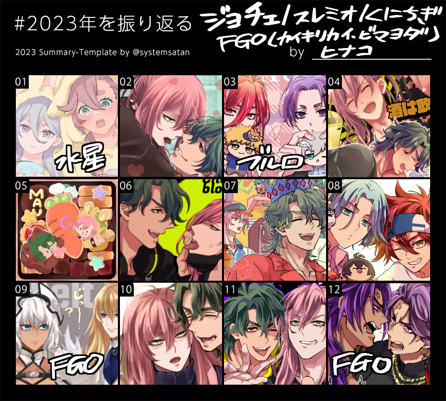 1年ジョチェで埋められそうだったけど今年ハマった新規ジャンルも入れてみた✌️来年もゆるっと楽しく絵描くぞ～1月のぶっちがこわ～まりとくんやばそう 