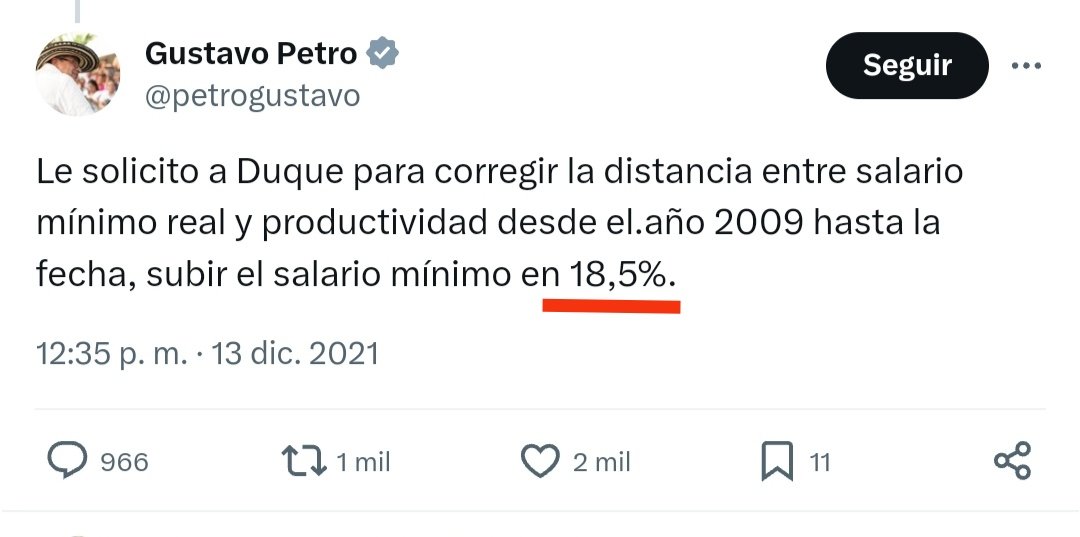 ojocolombia2026's tweet photo. 🇨🇴 En el 2021 PETRO exigía  a duque subir el salario mínimo un 18.5% cuando la inflación era 5.21% en diciembre, y la productividad era del 1% 

Hoy sube 12% cuando la inflación es de 10.15%,  los petristas celebran

Definitivamente los PETRISTAS deben ir al psiquiatra. https://t.co/nl1wvzJH3n