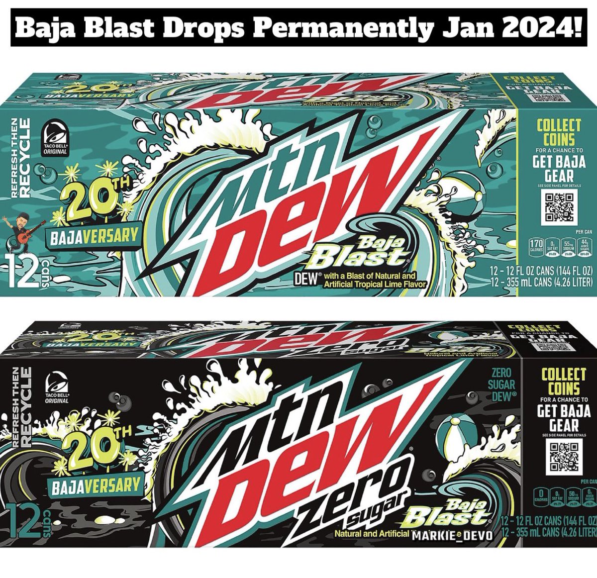 markie_devo's tweet photo. In celebration of the 20th Bajaversary, Mountain Dew Baja Blast will be a permanent flavor in 2024!!

In January Baja Blast will hit shelfs nationwide as a permanent item in both regular and zero(bottles &amp; cans).

Follow along at https://t.co/8qnM9AjmwD for updates!!👀 https://t.co/4oWKvqXAqo