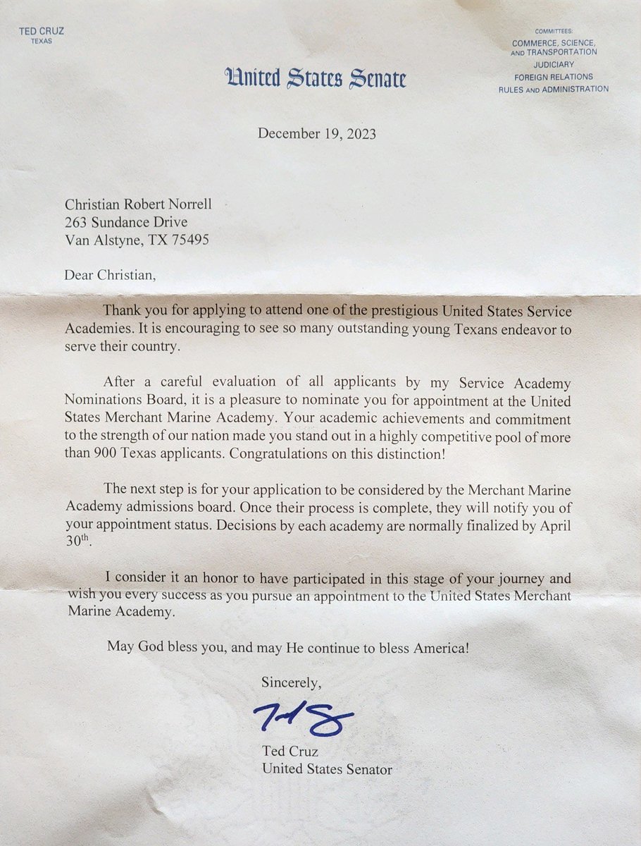 crnorrell06's tweet photo. I am extremely blessed and honored to receive not one, but two congressional nominations from Pat Fallon and Ted Cruz to the United States Merchant Marine Academy. @CoachPassante @USMMAFootball https://t.co/sKfWc77pHV
