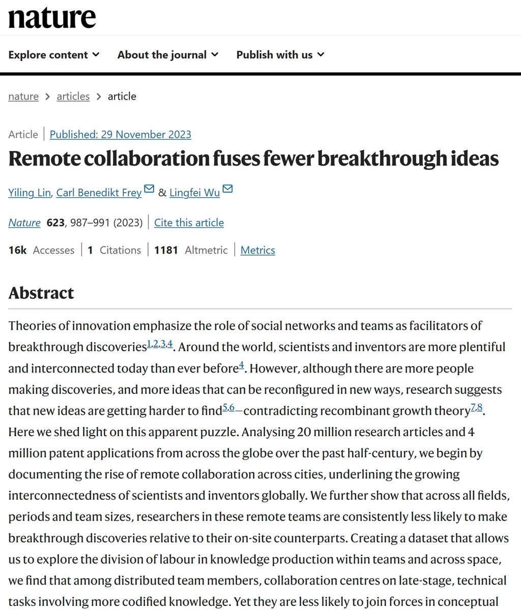 I_Am_NickBloom's tweet image. This is a great paper, but it is *massively* misunderstood.
It does not show that WFH reduces innovation. This paper and its follow-up actually suggests by 2023 that WFH increases innovation. To explain:
1) This paper is about *collocation* not *WFH*. They are completely…