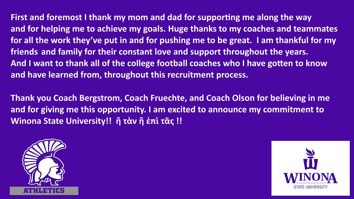 AntonKadlec24 (@antonkadlec24) on Twitter photo I’m excited to announce my commitment to play football at Winona State University!!
<a href="/WinonaState_FB/">Winona State Football</a> <a href="/Coach_Bergy/">Brian Bergstrom</a> <a href="/IsaacFruechte14/">Isaac Fruechte</a> <a href="/TrevorOlson62/">Trevor Olson</a> #GGT #fearles2w4rriors I’m excited to announce my commitment to play football at Winona State University!!
<a href="/WinonaState_FB/">Winona State Football</a> <a href="/Coach_Bergy/">Brian Bergstrom</a> <a href="/IsaacFruechte14/">Isaac Fruechte</a> <a href="/TrevorOlson62/">Trevor Olson</a> #GGT #fearles2w4rriors