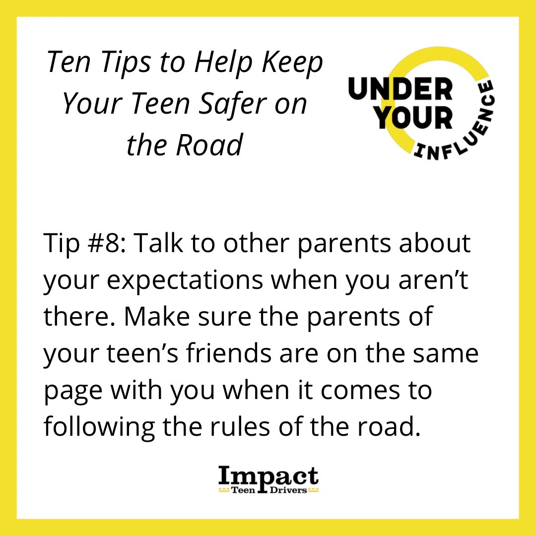whatslethal's tweet image. Check in with your teen and with the parents of your teen’s friends.

Next tips in our series

🟨 Practice, practice, practice with your teen driver. 

🟨 Talk to other parents about your expectations when you aren’t there.

#TeenDrivers #LearningToDrive