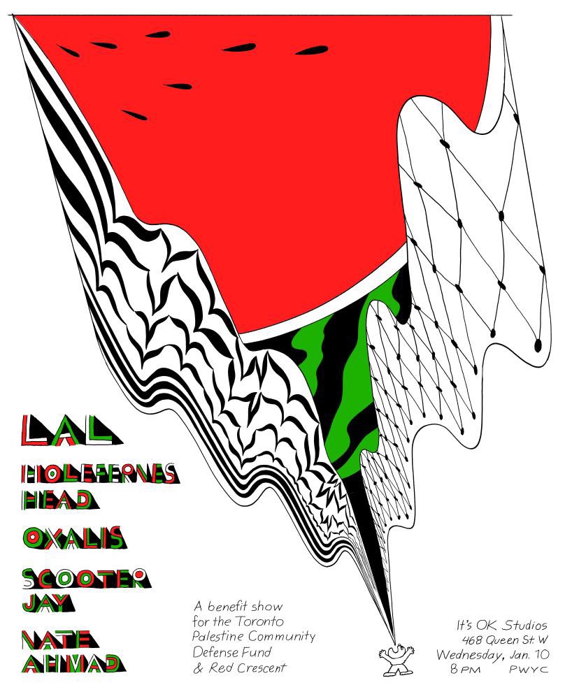 Happy to announce that our FUNDRAISER for the Toronto Palestine Community Defense Fund & @palestineredcrescent has found a new date & location on WED JAN 10TH 8PM. Thank you so much to It's OK* Studios @itsok.world for stepping up