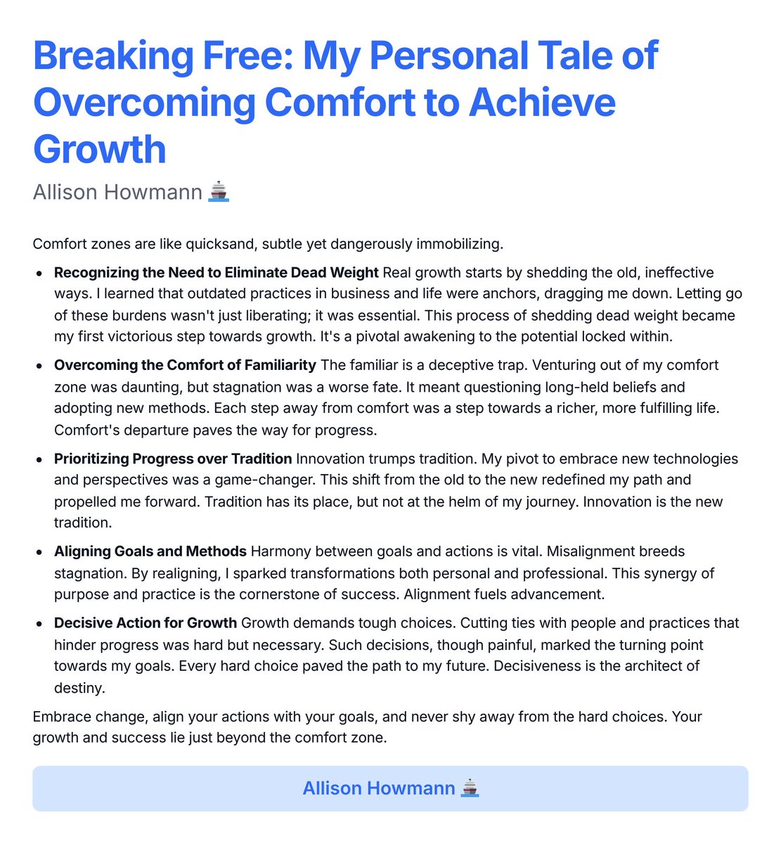 Breaking Free: My Personal Tale of Overcoming Comfort to Achieve Growth #PersonalGrowthJourney
#OvercomingComfortZones #ProfessionalDevelopment #InnovativeLeadership #GrowthMindset #AchievingSuccess
#LifeTransformation #EntrepreneurMotivation #EmbraceChange #DecisiveActionSuccess