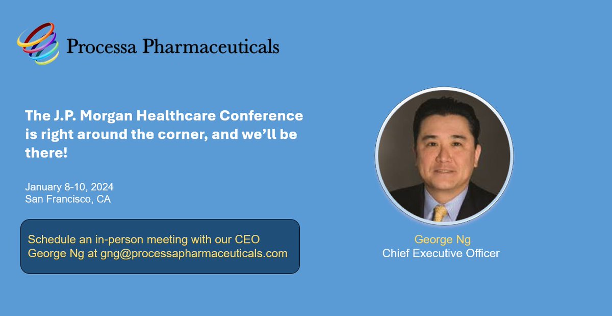 processanews's tweet photo. We'll be at the J.P. Morgan Healthcare Conference. We'd love to see you while there. Please email us per the below for a meeting. $PCSA https://t.co/SzLAroc8yb