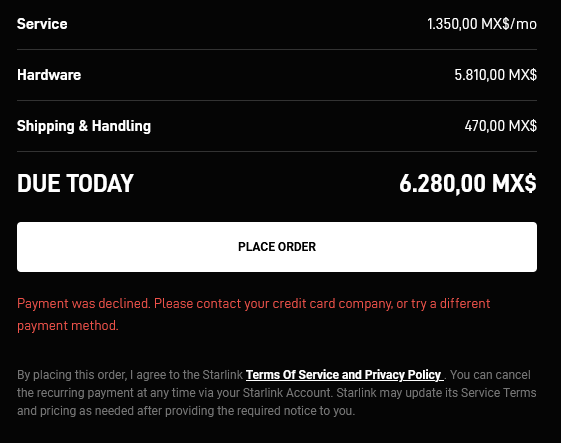phpat's tweet photo. @Starlink I'm trying to order service for my mexican jungle glamping. My Mastercard was blocked, the transaction declined. I called them to unblock my card and they said the merchant (that's you, @elonmusk) is considered dodgy by their anti-fraud AI's BS. Twice, repeatedly #wtf https://t.co/A2zbZ8Npa2