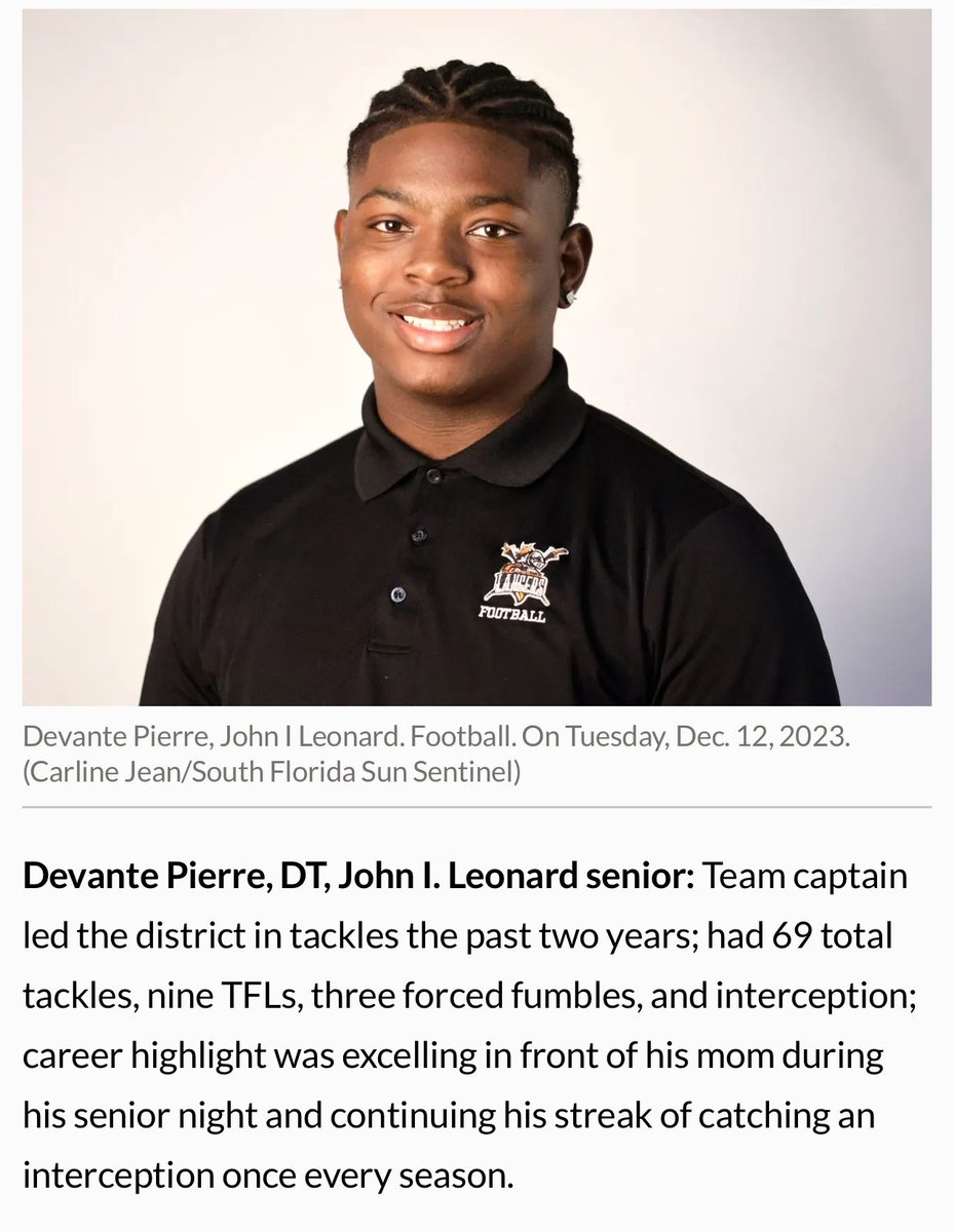 Congrats to senior <a href="/d1vante1/">Devante “The Solution ” Pierre</a> for being selected by the Sun Sentinel for 1st Team All-County on defense!!! <a href="/CoachAustinV/">Austin Van Es</a> <a href="/EraPrep/">New Era Prep</a> <a href="/FutureDraftStyl/">FutureDraftStyle</a> <a href="/JILHSOFFICIAL/">John I. Leonard High School (Official)</a>