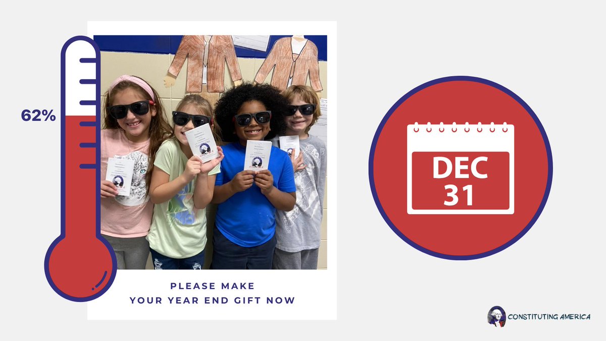 With just a few days left in 2023 we are at 62% of our year end goal! Will you help us reach more students in 2024? Click here to make your fully tax deductible year end gift now: us.constitutingamerica.org/My2023Gift #fundraising #yearend #yearendgift #goals #ConstitutionEducation
