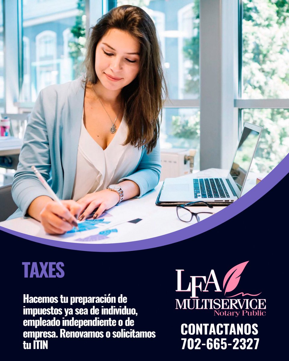 donalisset's tweet photo. LFA Multiservice Notary Public
Hacemos tu preparación de impuestos ya sea de individuo, empleado independiente o de empresa. Renovamos o solicitamos tu ITIN.
.🛡️¡LFA Multiservice dando seguridad a tu vida!.
¡Llámanos!👇👇 @lfamultiservice

📲 +1 702-665-2327 https://t.co/LUa7PcqTsI