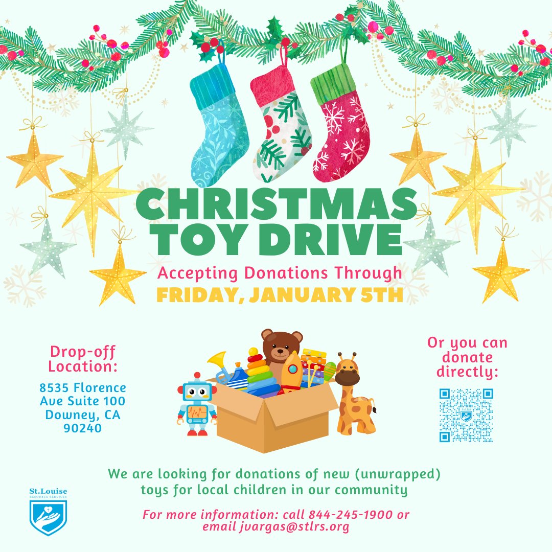 stlrsvcs's tweet image. 🎁✨ Join our Toy Drive to bring smiles to our community&apos;s children. 🤗 Accepting toy donations until Jan 6. Ship or drop off at 8535 Florence Ave, Suite 100, Downey, CA 90240. Questions? Call 844-245-1900.

#StLRSToyDrive #SpreadJoy #CommunityCheer