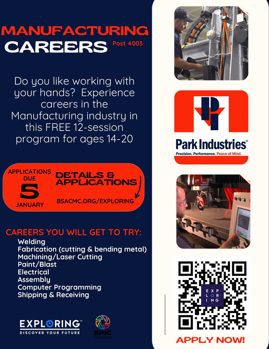 Free Skilled Trades career Exploring for ages 14-20 at <a href="/parkindustries/">Park Industries®</a>!  Go to bsacmc.org/exploring to apply. Don’t miss out! Applications accepted until spots are filled or January 5.

<a href="/kvsc881fm/">KVSC 88.1FM</a> <a href="/mix949/">Mix 94.9</a> @BBBSofCentralMN <a href="/StCldAreaChamb/">St. Cloud Area Chamber of Commerce</a> <a href="/LittleFalls482/">Little Falls Community Schools</a> <a href="/FoleyFalconsHS/">Foley Activities</a> <a href="/isd47/">Sauk Rapids-Rice Public Schools</a>