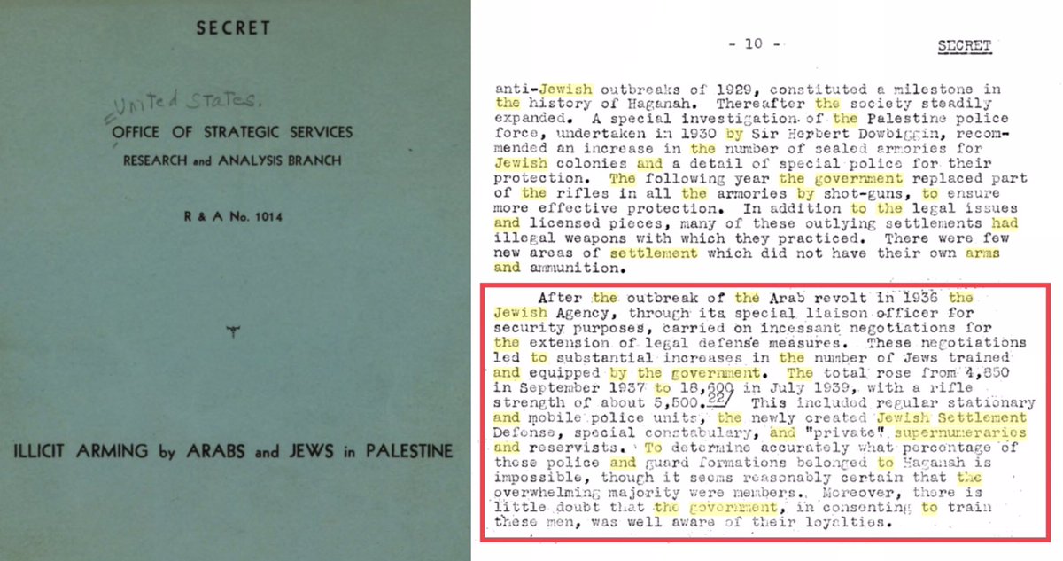 SonOfJenin's tweet photo. The Arab Revolt in Palestine (1936-39) was a pivotal period that helped to greatly develop Jewish military capabilities. The Jews and the British became military partners and worked together to suppress the Arabs. The British administration cooperated with the Zionists in order to form the Jewish Settlement Police, Jewish Supernumerary Police, and Special Night Squads. The British authorities maintained, financed and armed the Jewish police from this point onward until the end of the Mandate, and by the end of September 1939 around 20,000 Jewish policeman, supernumeraries and settlement guards had been authorised to carry arms by the government. 

According to the US Government Office of Strategic Services, there was a substantial increase in the number of Jews trained and equipped by the British government during this period. The total rose from 4,850 Jewish men trained and equipped by the British in September 1937 to 18,600 Jewish men in July 1939. The majority of these men were members of the Haganah which later formed the core of the IDF. Important to note that the British in June 1937 had imposed a death penalty for “unauthorized weapons possession”. Between 1937-39, 112 people were hanged at the main prison in Acre for unauthorized weapons possession, the vast majority were Arabs as expected. The British were arming and training Jews while disarming and executing Arabs.

British-Jewish collaboration started with shared intelligence gathering, which then morphed into joint military units, notably the Special Night Squads (SNS). The SNS was a joint British–Jewish counter-insurgency military unit established by British Captain Orde Wingate in order to suppress Palestinian rebellion and protect the Iraq Company Petroleum oil pipeline in the Galilee. The unit was composed of British infantry and Jewish auxiliaries. Jewish soldiers from the Haganah keen to get formal military training from the British joined the SNS. Two of Israel’s most important future generals, Moshe Dayan and Yigal Allon, were members of SNS and pupils of Captain Orde Wingate.

Wingate was known for his ruthless tactics. According to military historian Martin van Creveld, SNS training included “how to kill without compunction; how to interrogate prisoners by shooting every tenth man to make the rest talk; and how to deter future terrorists by pushing the heads of captured ones into pools of oil and then freeing them to tell the story”.

The SNS used extrajudicial killings to compel Arab villages to hand over weapons & rebels. One of Wingate’s officers was Humphrey Bredin. According to testimony, Bredin passed a “death sentence” on two Arabs after they had been “tried” before him. Another report says that he rounded up all the men in a village and demanded that they hand over ten rifles. When they did not respond, Bredin took every fifteenth man out of the line—a total of three—and ordered them shot. Zwi Brenner—another future Israeli military leader— watched as Wingate ordered the villagers of Danna “to open their mouths and ordered the English soldiers to force into their mouths earth soaked in the oil which had poured from the pipeline”. The use of oil to torture villagers appears in biographies of Wingate, too, with Wingate forcing sand into villagers’ mouths until they vomited: “Wingate turned to one of the Jews and, pointing to the coughing and spluttering Arab, said ‘Shoot this man.’ The Jew looked at him questioningly and hesitated. Wingate said, in a tense voice, ‘Did you hear? Shoot him.’ The Jew shot the Arab. The others stared for a moment, in stupefaction, at the dead body at their feet. The boys from Hanita were watching in silence. ‘Now speak’, said Wingate. They spoke”. He would also force villagers to run 10-15 km while driving behind them for his own amusement.

The SNS also demolished the family homes of Palestinian rebels, a tactic first used by the British during the 1919-20 Irish rebellion and which is still used by the modern IDF.