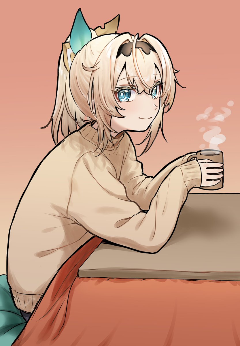kazama iroha 1girl kotatsu blonde hair solo table cup sweater  illustration images