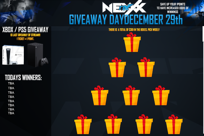 XBL_NexXx's tweet photo. Giveaway Day is today!

If you have ANY points in the stream make sure to come use them as they reset after todays stream!!

Over $800+ In giveaways today! STREAM STARTS AT 6:00 PM EST. Giveaways start at 6:30 PM EST.

https://t.co/89uDgggwc9